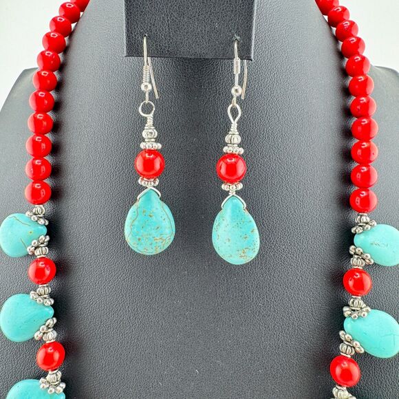 Turquoise & Red Coral Beaded Necklace Set Teardrop Toggle Earrings Southwestern - Picture 11 of 16